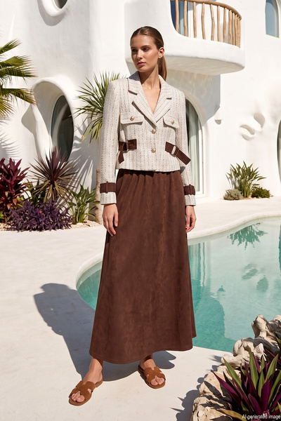 Buckle Detailed Jacket and Skirt Set 15312 Brown