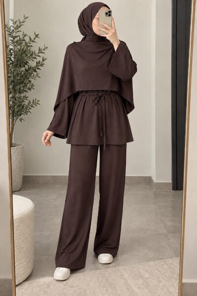 Shoulder Shawl Detailed Double Suit Set Bitter Brown