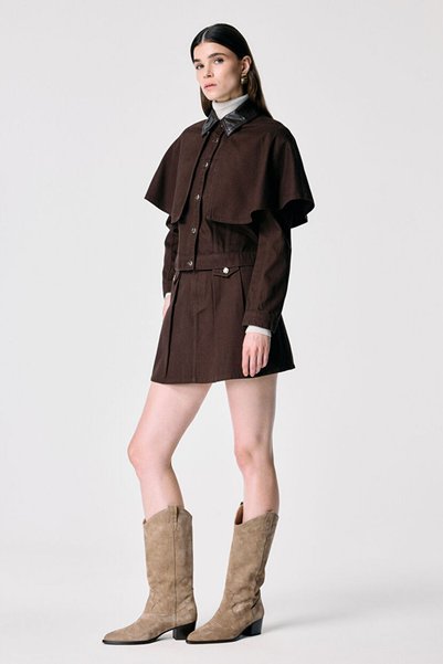 Brown Pleated Detailed Denim Skirt