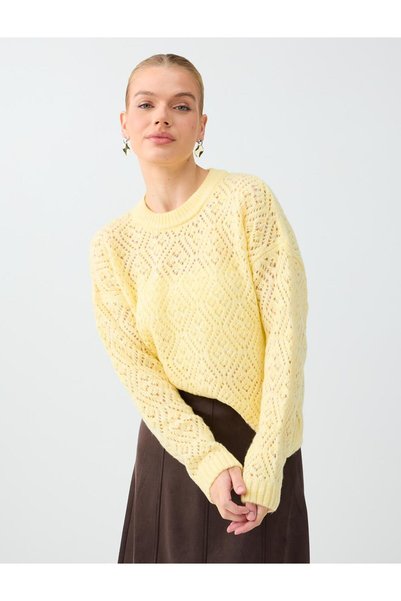 Light Yellow Knitted Patterned Openwork Long Sleeve Knitwear Sweater