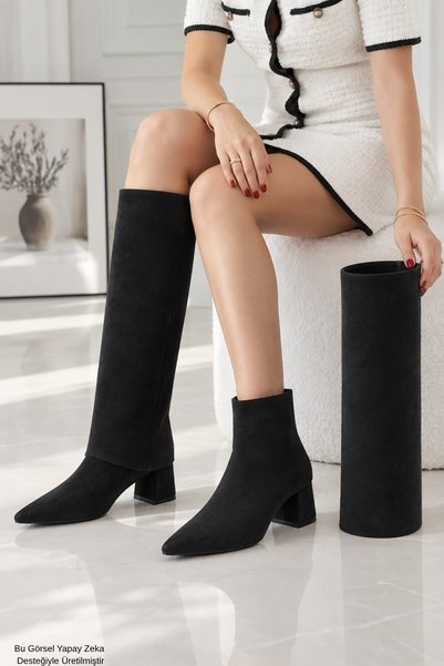 Zelvora Women's Boots with Dust Cover Detail, Removable Attachment, Pointed Toe, Zipper, Thick Heel
