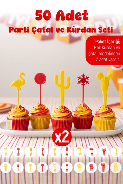 50 Piece Fan Yellow Red Children's Fruit Forks and Party Toothpicks Set