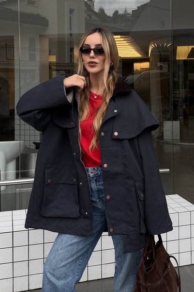 Navy Blue Trench Coat with Removable Hood and Cape - 0630