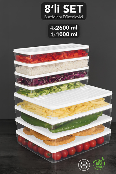 8-Piece Refrigerator Organizer Set - Kitchen Storage Container Leak-Proof Lid Organizer 1L-2.6L White
