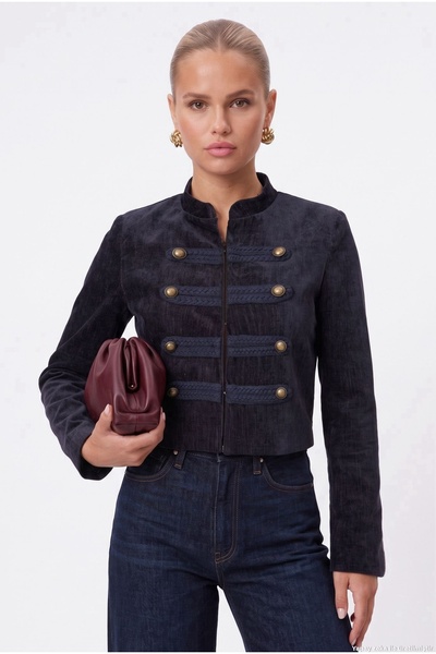Women's Charles Lined Stand Collar Buttoned Lux Napoleon Navy Blue Jacket