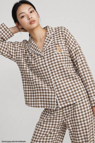 Brown Plaid Patterned Teddy Bear Printed Soft Tuşe Winter Buttoned Knitted Pajama Set 8080