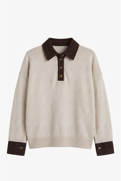 Ecru Collar and Sleeves Denim Detailed Sweater