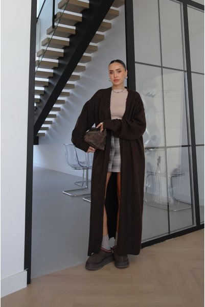 Brown Wool Textured Long Cardigan