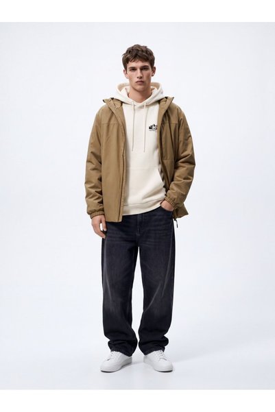 Regular Fit Hooded Cream Sweatshirt with Print Detail