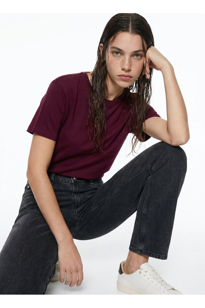 Burgundy Women's Crew Neck Relaxed Fit 100% Cotton T-Shirt M4Wl-Tst-1903