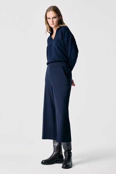 Navy Blue Gabardine Culotte Pants