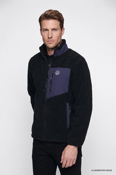 Regular Fit Normal Cut Mock Neck Full Zippered Pocket Sherpa Sweatshirt Fleece