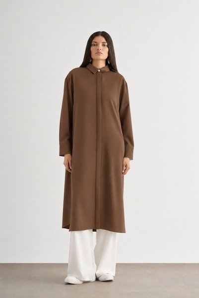 Mizallle Snap Fastener Long Brown Summer Tunic