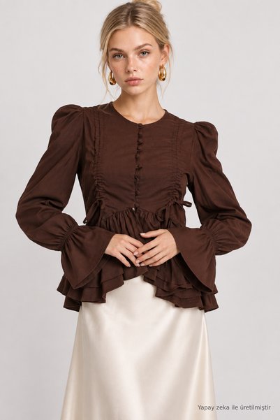 Ruffled Woven Shirt with Gathered Detail Lby0095 Brown