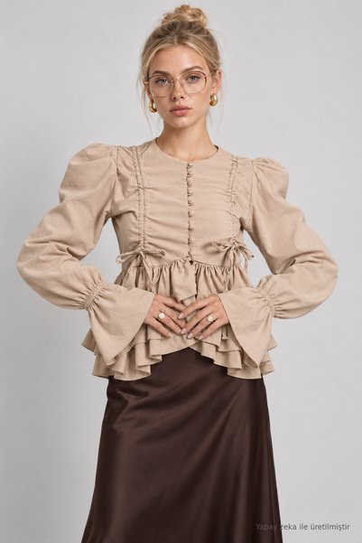 Ruffled Woven Shirt with Gathered Detail Lby0095 Stone