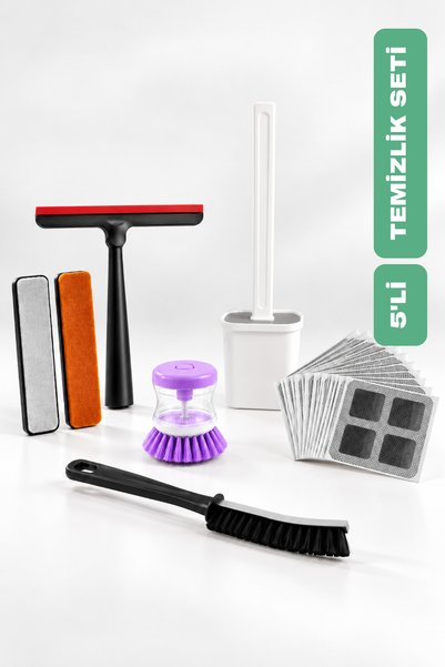 5-Piece Multi-Purpose Bathroom Cleaning Set - Squeegee, Toilet Brush, Grout Brush, Brush with Detergent Container, 10-Piece Drain Strainer