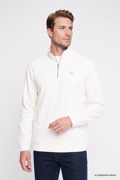 Cotton Regular Fit Zippered Stand Collar Sweatshirt with Logo Detail