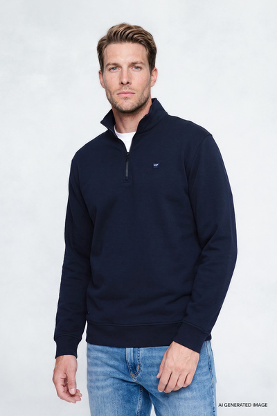 Cotton Regular Fit Zippered Stand Collar Sweatshirt with Logo Detail