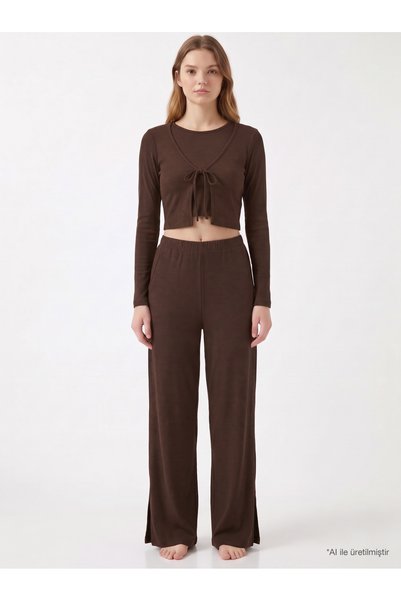 Premium - Serene Collection |   Brown Rib Textured Front Tie Viscose 3-Piece Women's Pajama Set
