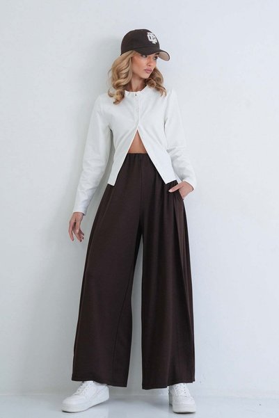 Women's dark brown pleated wide leg palazzo pants alc-x15873