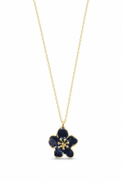 Women's Bijouterie Necklace with Yellow Chain and Navy Blue Enamel Flower Pendant