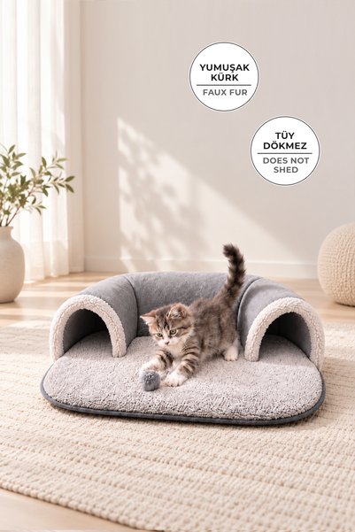 Tunnel Cat Bed Soft Furry Play and Sleep Cushion Patichill Moi Gray