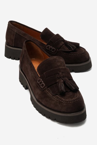 Poen Brown Suede Genuine Leather Tasseled Women's Loafer Shoes