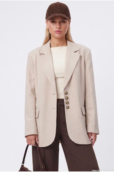 Women's Jonas Lined Pocketed Beige Lux Oversize Blazer Jacket