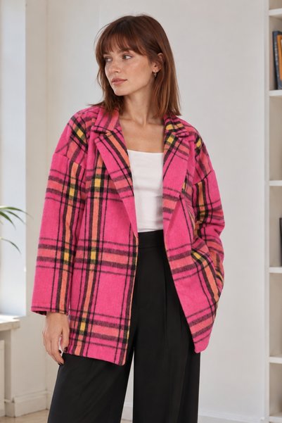 Women's Pink Men's Collar Oversize Jacket with Slits on the Sides Arm-26K001009