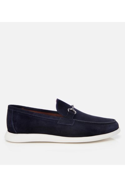 Men's Suede Leather Navy Blue Buckle Detailed Casual Loafer