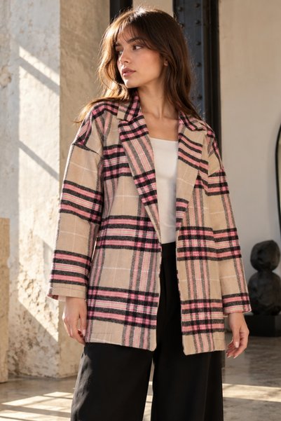 Women's Light Beige Men's Collar Oversize Jacket with Slits on the Sides Arm-26K001009