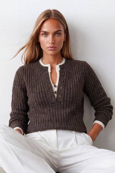 Women's Coffee Color Collar Buttoned Ribbed Knit Sweater Alc-X15922