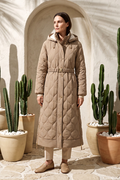 Inflatable Quilted Coat with Zipper and Snap Fastener Detail on the Front and Removable Belt 570079 Camel