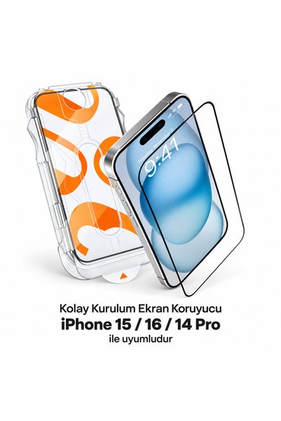 iPhone 15 / 16 / 14 Pro Compatible 5D Platinum Full Coverage Black Framed Glass Screen Protector with Easy Installation Tool