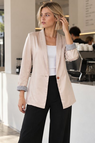 Women's Light Beige Striped Single Button Jacket Arm-27K001026