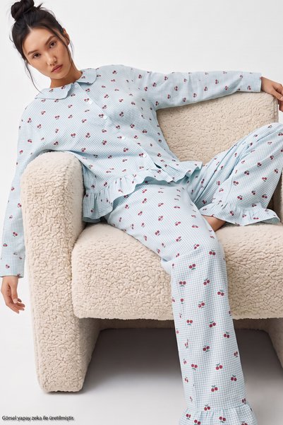 Green Plaid Cherry Patterned Ruffled Soft Tuşe Winter Buttoned Knitted Pajamas Set 8077