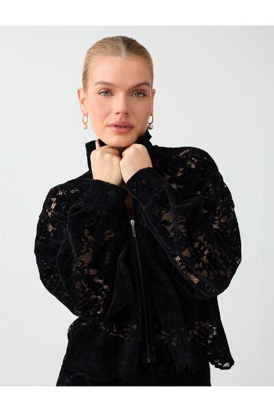 Black Stand Collar Zippered Long Sleeve Lace Jacket