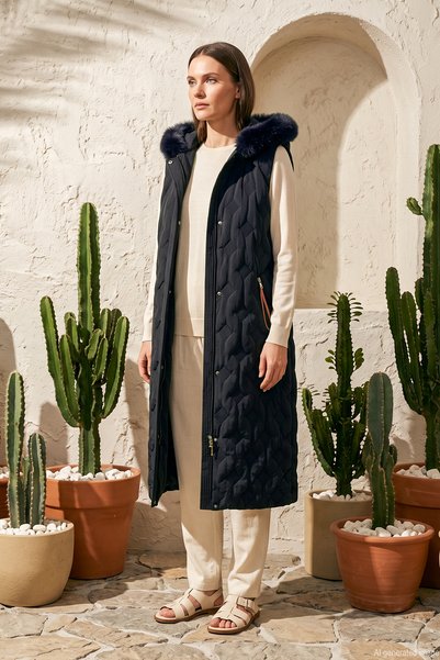 Detachable Hood and Fur Detail Inflatable Vest 710024 Navy Blue