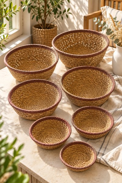 7-Piece White Detailed Wicker Basket Set – Decorative Organizer