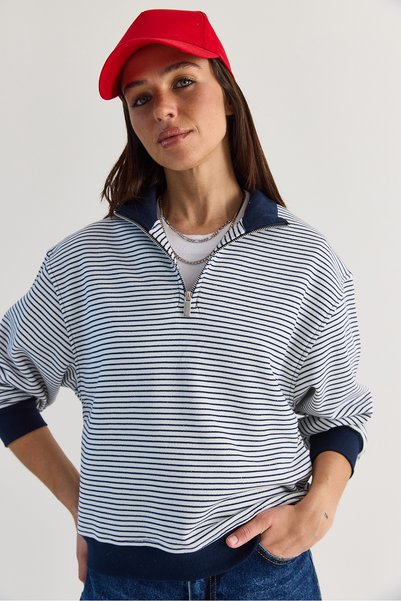 Women's Navy Blue Oversize Polo Collar Half Zipper Striped Sweatshirt Ös261005 60286586