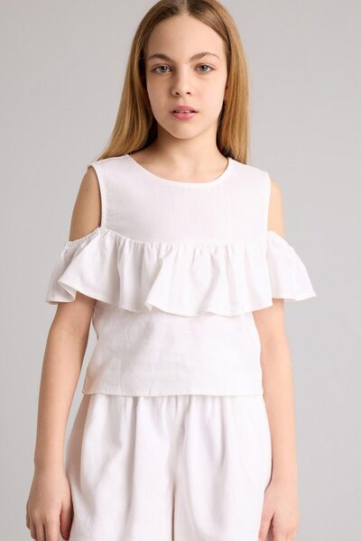 Linen Blended Short Sleeve Blouse Girls G8369A826Sm