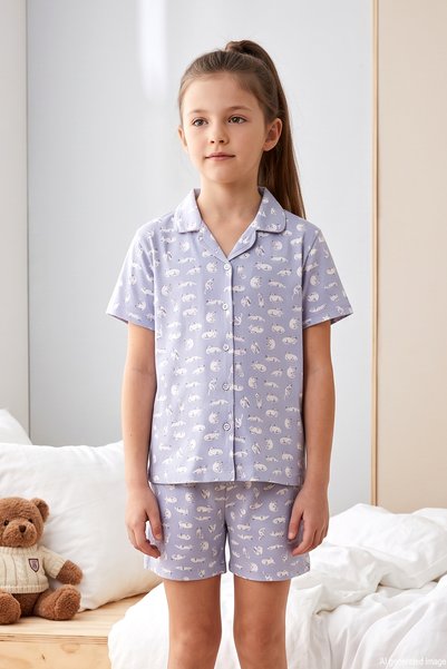 Girl's Single Jersey Cotton Pajama Set with Buttoned Shorts on the Front 260273 Lilac