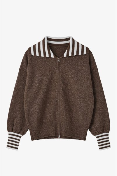 Brown Turn-Down Collar Cardigan with Stripe Detail