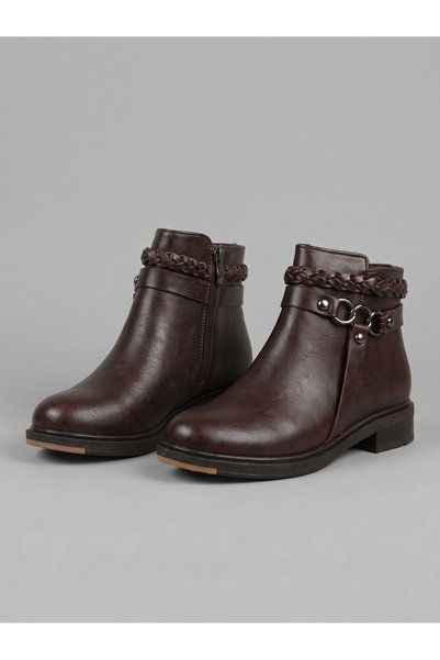 Women's Brown Short Heeled Casual Boots with Knitted Detail and Ring Accessories