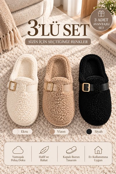 Women's 3-Piece Ecru Mink Black Buckle Plush Closed Toe 3 cm Sole Home Slippers Set Byndset11