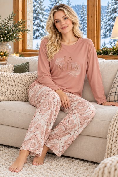 Brown La Vida Es Bella Patterned Luxury Thermal Women's Pajamas Set