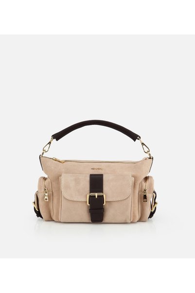 Women's Suede Leather Beige Shoulder Bag with Pocket Detail