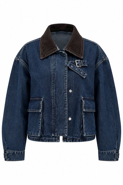 Navy Blue Belted Collared Crop Denim Jacket - 1114