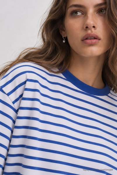 Oversize Striped Knitted Sweatshirt Lrn0079 Blue Ecru