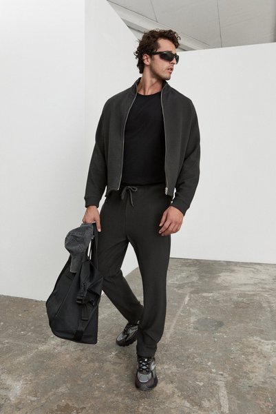 Sveny Men's Ottoman Fabric Dark Gray Top and Bottom Set